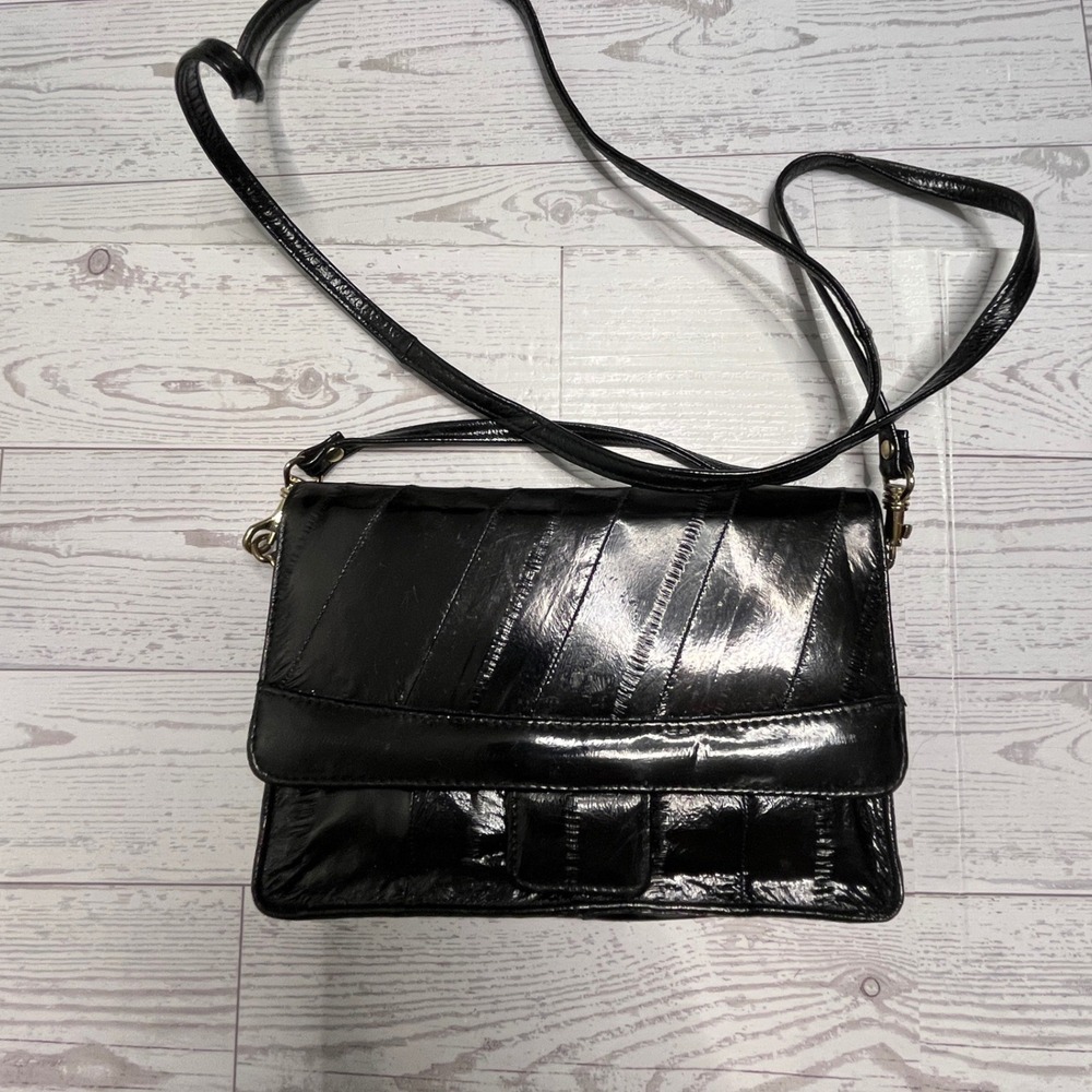 Vintage Black Eel Skin Patchwork Crossbody Bag Small Shoulder Purse 90s Y2K